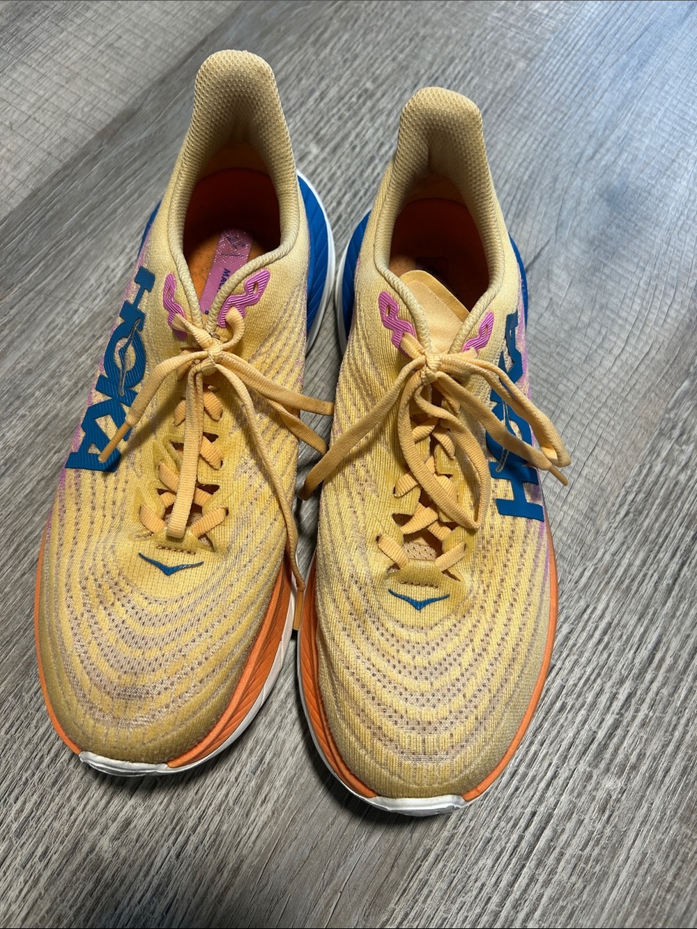 Women’s Hoka Yellow Knit Running Shoes with Blue & Orange Accents